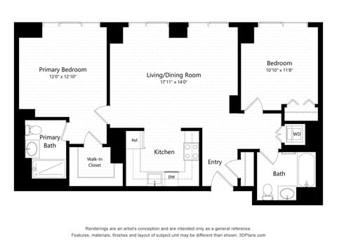 Floor plan for 2 beds, 2 baths, 939 sqft